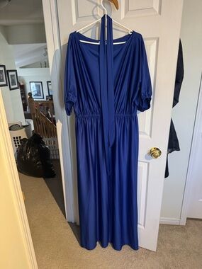 Women's Royal Blue Maxi Dress with Tie Neck